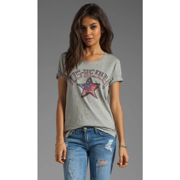 Rebecca Minkoff US Heey American Flag Cotton Gray Oversized Relaxed T-Shirt Top - Picture 1 of 6